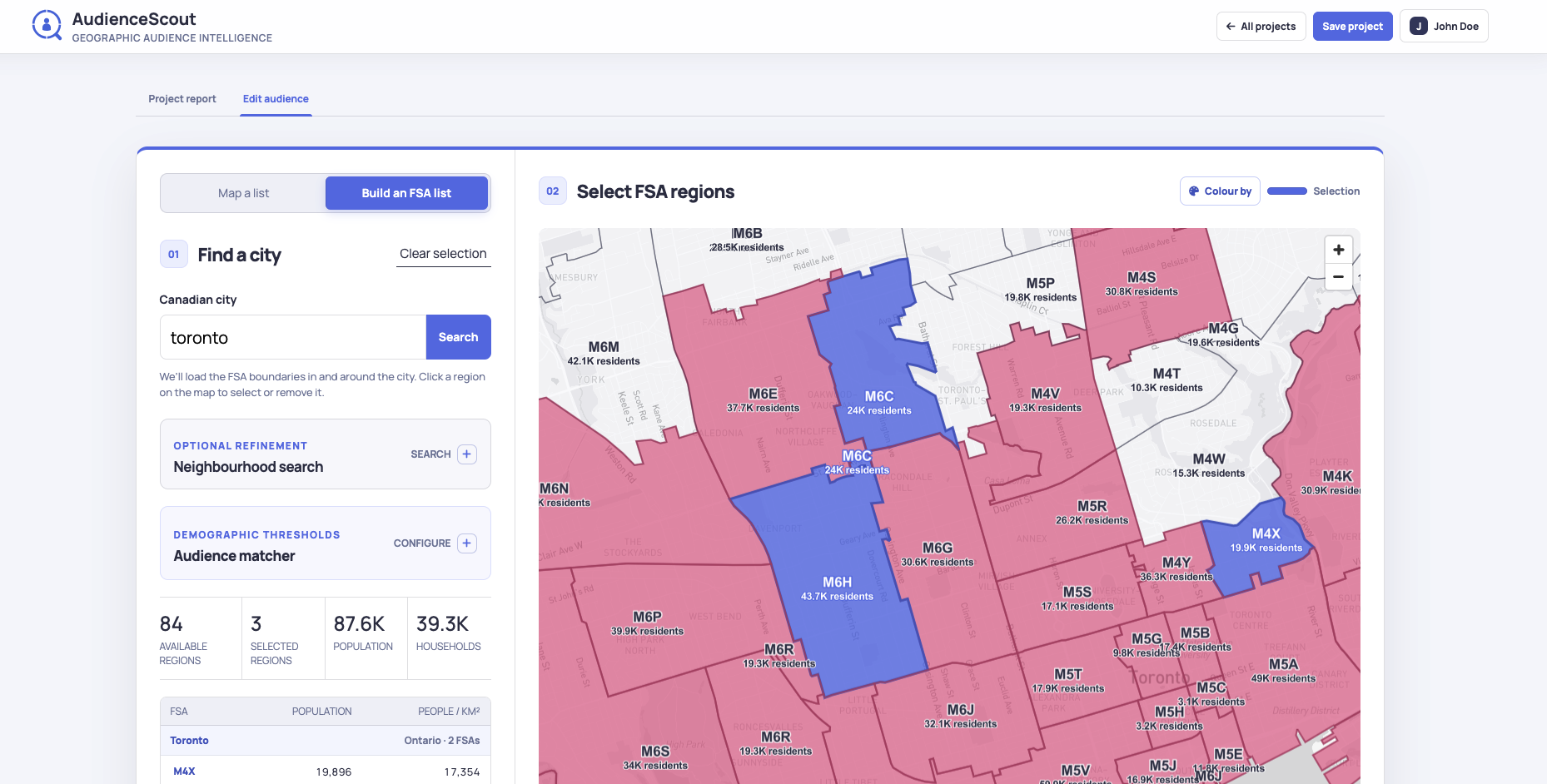 AudienceScout audience builder showing selected Toronto FSA regions on the map.