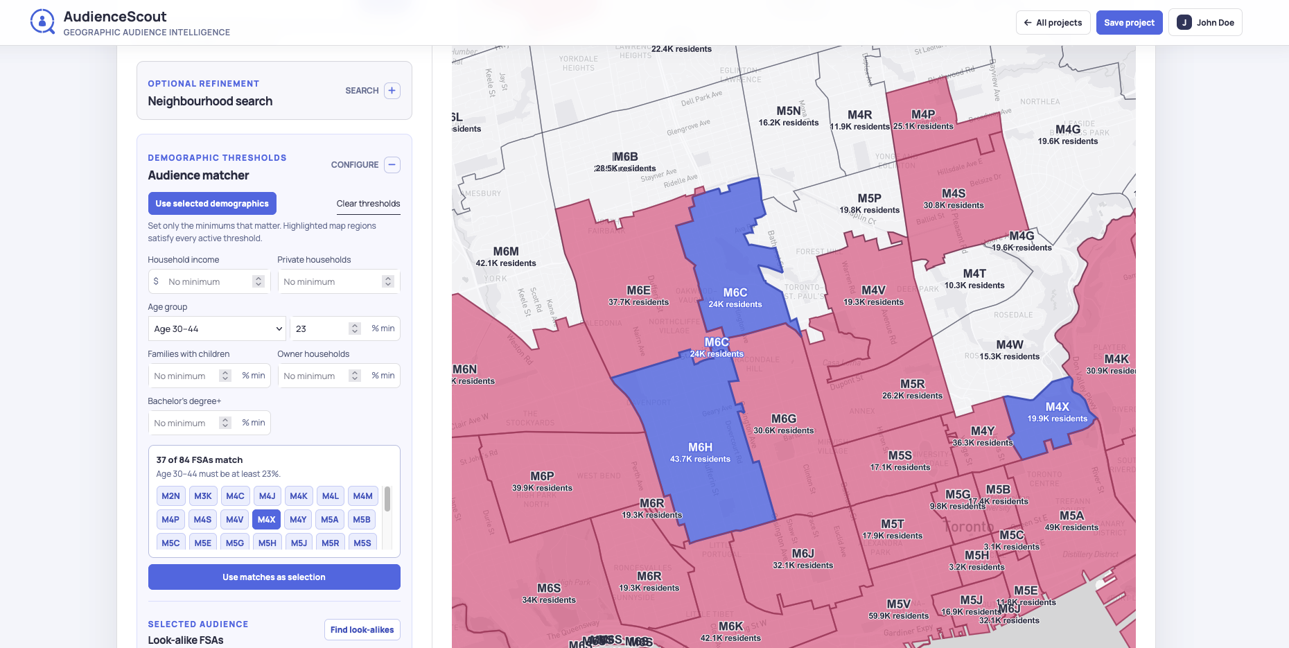 AudienceScout demographic matcher highlighting qualifying FSA regions.