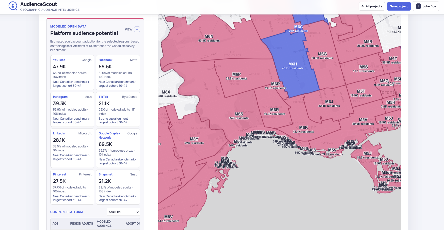 AudienceScout platform audience potential analysis beside a postal-region map.